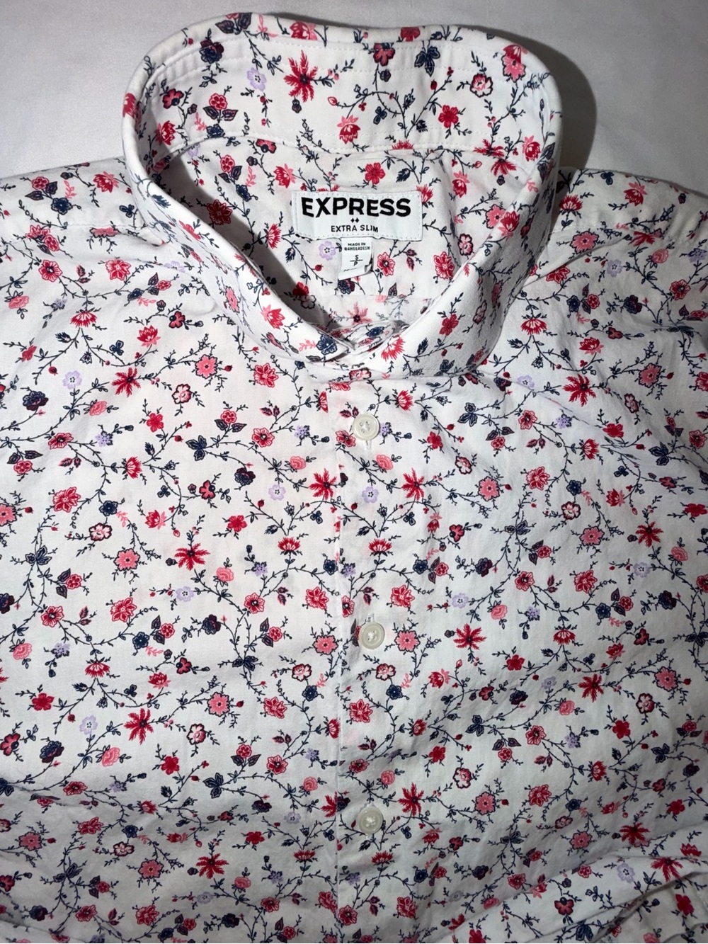 Express White Floral Button-Down Shirt with Red & Navy Print